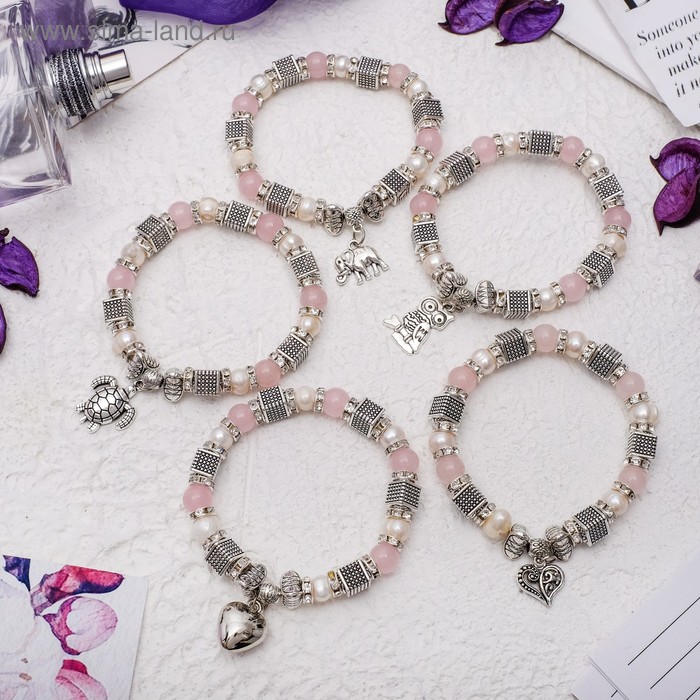 Браслет с подвеской «Жемчуг» с розовым кварцем - Фото 1