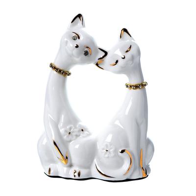 Фигурка керамика «Белые кот и кошка в цветок, ошейник из страз», 12×9×4.5 см