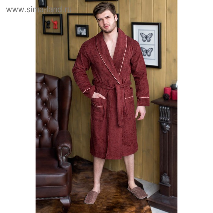 Халат мужской, шалька, размер 60, бордовый, махра - Фото 1