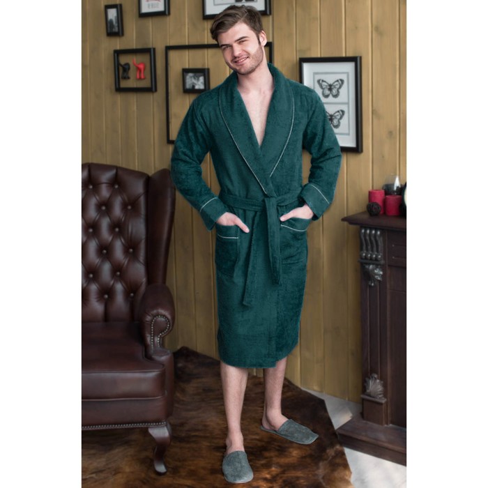Халат мужской, шалька+кант, размер 48, цвет зелёный, махра