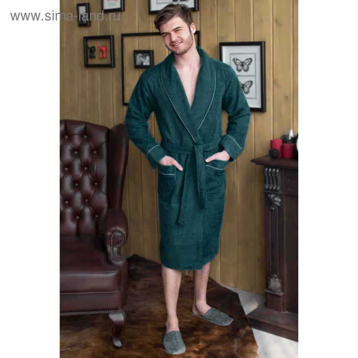 Халат мужской, шалька+кант, размер 48, цвет зелёный, махра - Фото 1