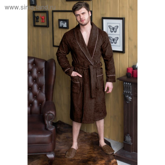 Халат мужской, шалька, размер 48, шоколадный, махра - Фото 1