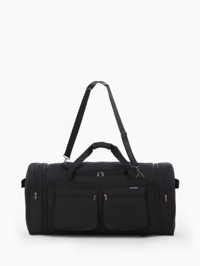 Сумка дорожная на молнии, с увеличением, 4 наружных кармана, длинный ремень, чёрная