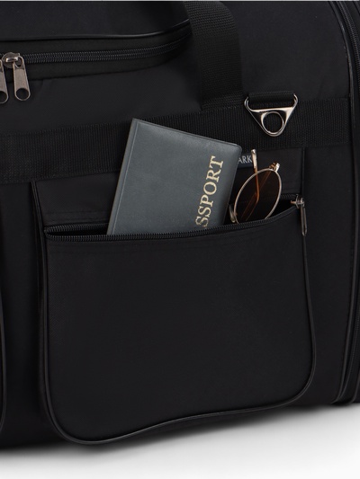 Сумка дорожная на молнии, с увеличением, 4 наружных кармана, длинный ремень, чёрная