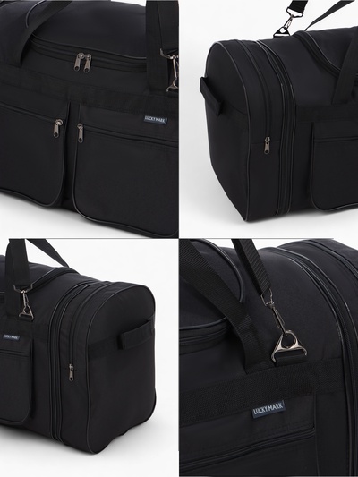 Сумка дорожная на молнии, с увеличением, 4 наружных кармана, длинный ремень, чёрная