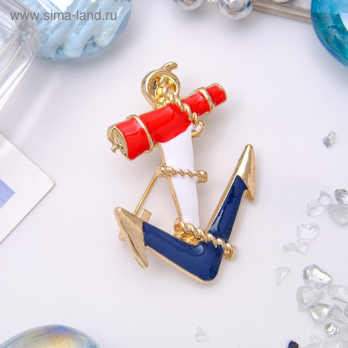Брошь «Якорь корабельный», цветной в золоте - Фото 1