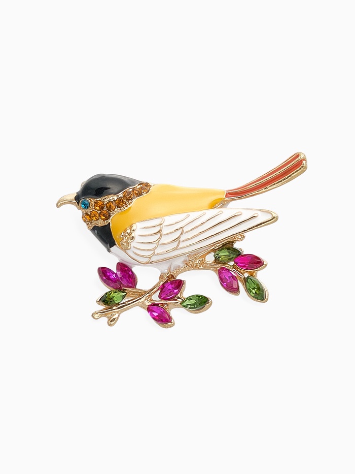 Брошь «Птичка-синичка», цветная в золоте - Фото 1