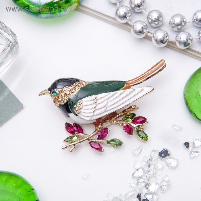 Брошь «Птичка-синичка», цвет зелёный в кофейном золоте - Фото 1