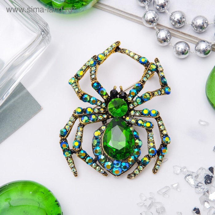 Брошь «Паук хищник», цвет изумрудный в черненом золоте - Фото 1
