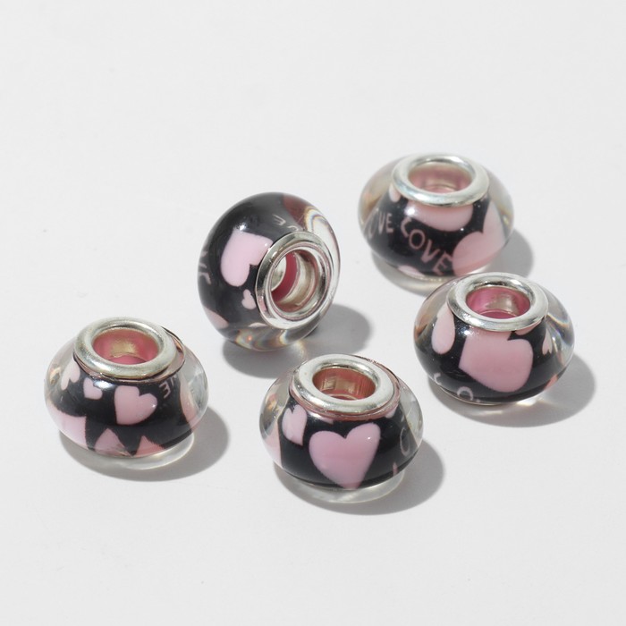 Бусина "Сердечки", цвет черно-розовый в серебре