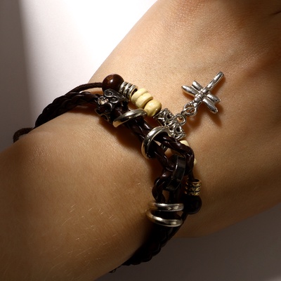 Браслет кожа «Переплетение» с подвеской, стрекоза, коричневый, d=8 см