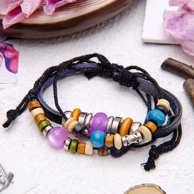 Браслет кожа «Настроение» кошачий глаз, яркие бусины, цвет чёрный, d=8 см