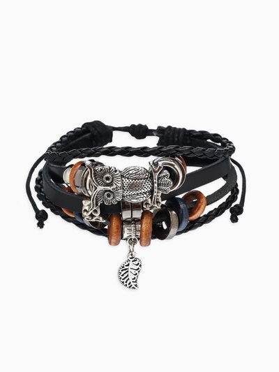 Браслет кожаный «Сова и листок», d=6 см, чёрный