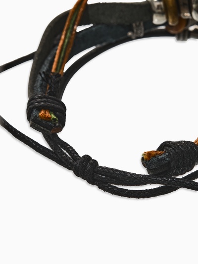 Браслет кожаный «Сова и ряд бусин», d=9 см, чёрный