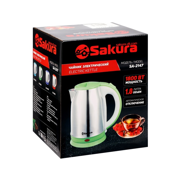 Чайник электрический Sakura SA-2147G, металл, 1.8 л, 1800 Вт, зеленый - фото 51543233