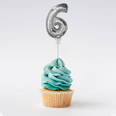 Цифра-топпер 3" «6» с палочкой, самодув, индивидуальная упаковка, цвет серебряный