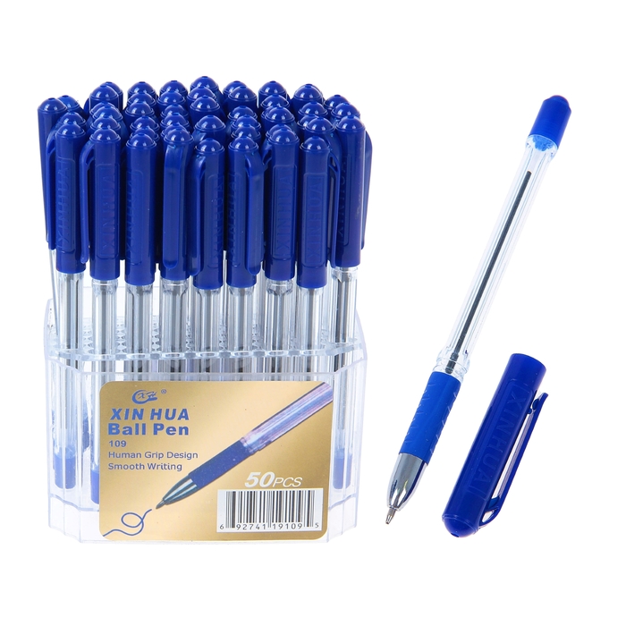 Ручка шариковая 0.5 мм, прозрачный корпус, с синим колпачком и резиновым держателем, стержень синий - Фото 1