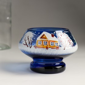 Подсвечник стекло ручная роспись "Зимний домик" синий 10х10х6,5 см