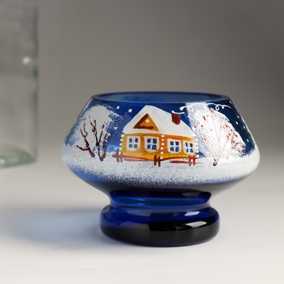 Подсвечник стекло ручная роспись "Зимний домик" синий 10х10х7 см