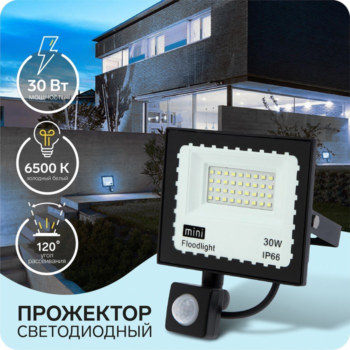 Прожектор светодиодный, 30 Вт, 2700 Лм, 6500К, Датчик движения, IP66 - фото 1908422224