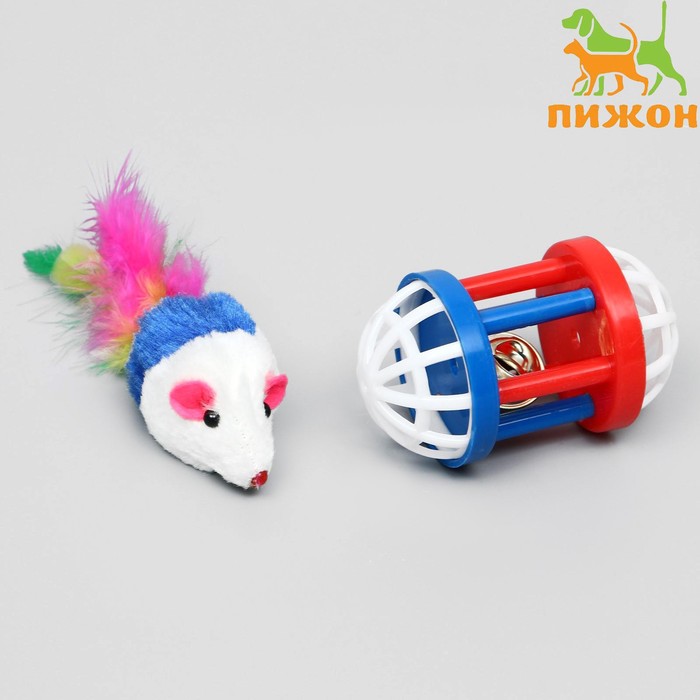 Набор игрушек для кошек: мышь 5 см и игрушка с бубенчиком "Амфитеатр" 6,8х4 см, микс цветов - Фото 1
