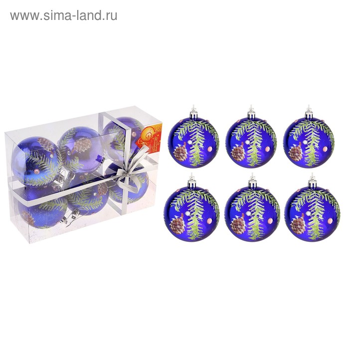 Набор шаров пластик d-8 см, 6 шт "Еловая веточка" синий - Фото 1