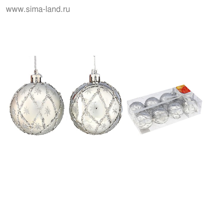 Набор шаров пластик d-6 см, 8 шт "Снежная сеточка" серебро - Фото 1