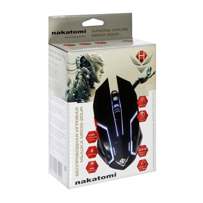 Мышь Nakatomi MROG-20UR Gaming, игровая, беспроводная, аккумуляторная, USB, чёрная - фото 51430872