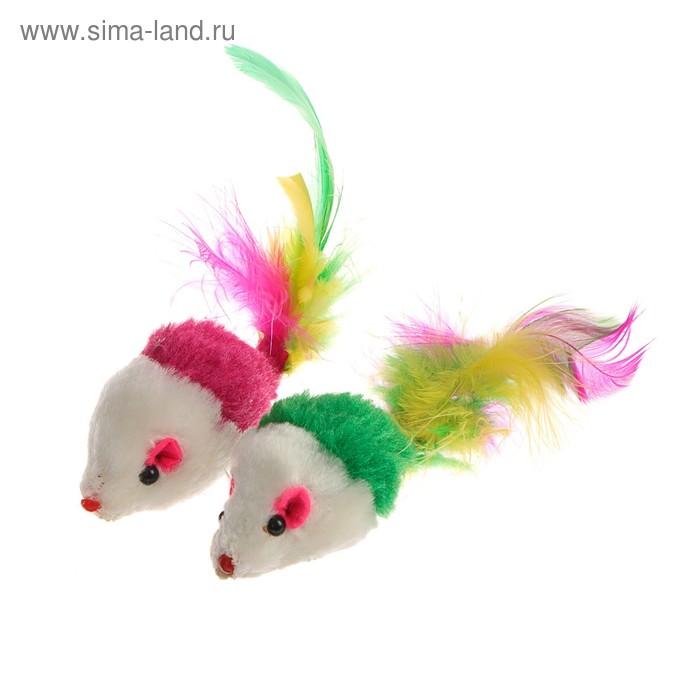 Игрушка для кошек "Малая мышь", двухцветная с перьями, 5 см, микс цветов (фасовка 2 шт) - Фото 1