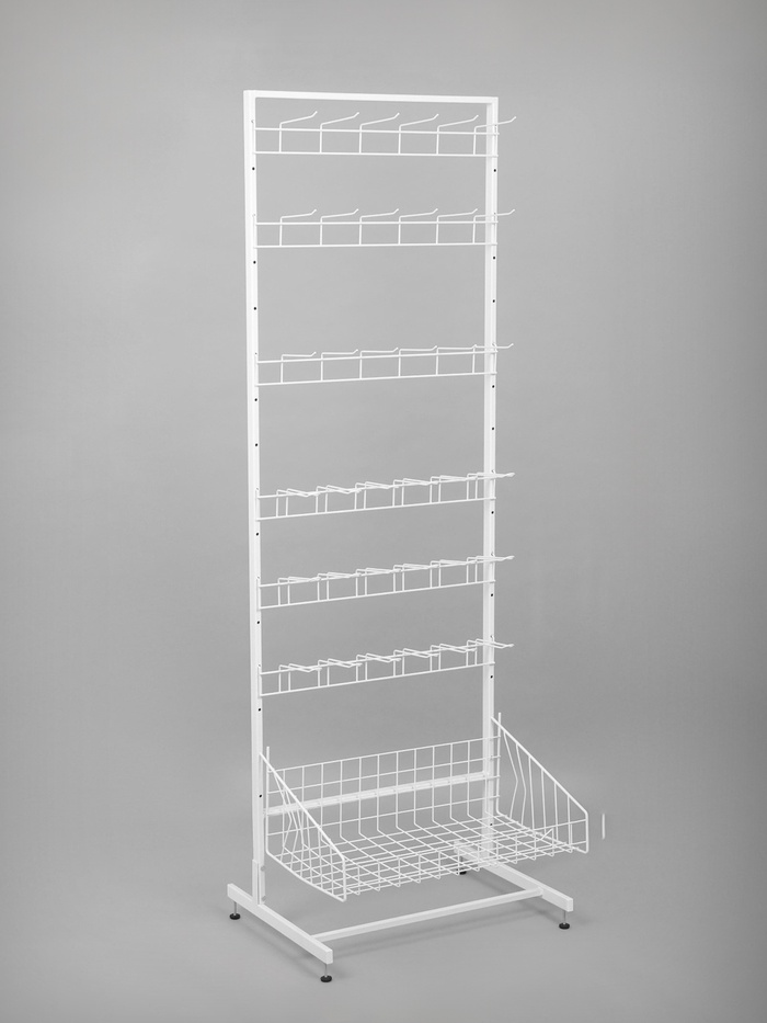 Стойка прикассовая, с 6-штыревой гребенкой и крючками, 64×50×185 см, белая