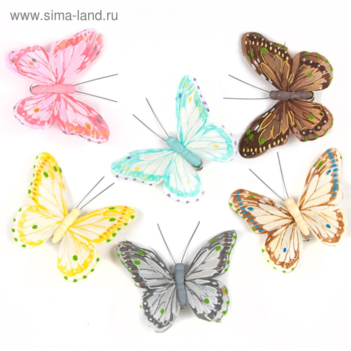 Бабочки перьевые на прищепке «Рассвет», 10 см, набор 6 штук - Фото 1