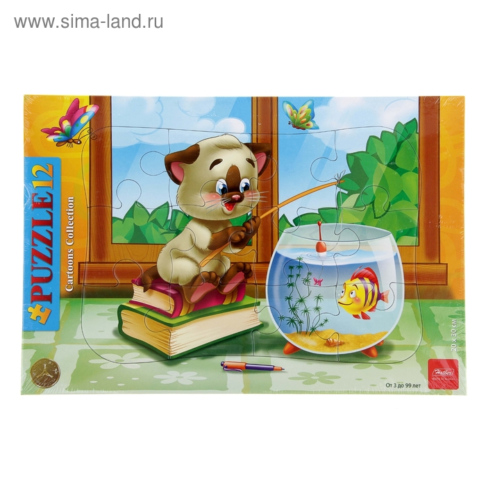 Пазлы в рамке "Котенок-рыбак", 12 элементов - Фото 1