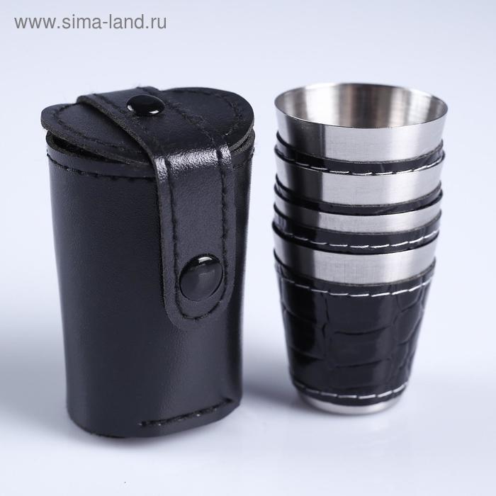 Набор стопок, 30 мл, 4 шт., 4×3.5 см, нержавеющая сталь, экокожа, чёрный - Фото 1