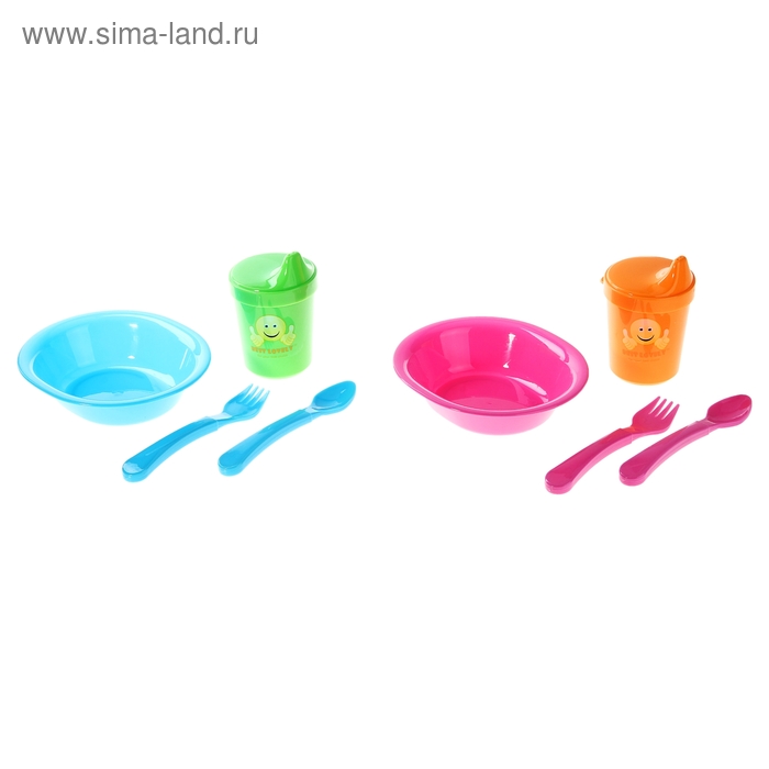 Набор детской посуды тарелка глубокая, поильник 120 мл, вилка, ложка, цвета МИКС - Фото 1