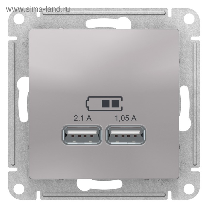 Розетка SE ATLASDESIGN, USB , 2 порта (2.1 А / 1.05 А), 5 В, механизм, цвет алюминий - Фото 1