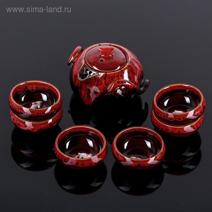Набор для чайной церемонии керамический «Лунное озеро», 7 предметов: чайник 150 мл, 6 пиал 50 мл, цвет красный - Фото 1