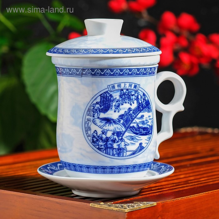 Кружка керамическая с крышкой и ситом «Пейзаж», 320 мл, блюдце d=11,5 см - Фото 1