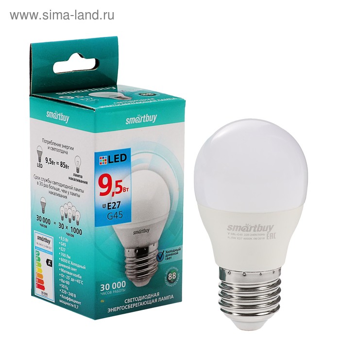 Лампа cветодиодная Smartbuy, Е27, G45, 9.5 Вт, 6000 К, холодный белый свет - Фото 1