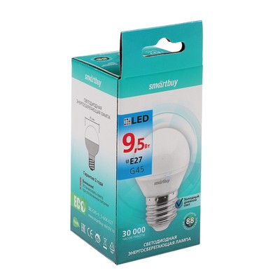 Лампа светодиодная Smartbuy, Е27, G45, 9.5 Вт, 6000К, свечение холодное белое