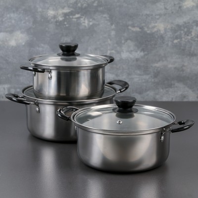 Набор кастрюль, 3 предмета: кастрюли 1 л, 1.4 л, 1.8 л, d=15/17/18.5 см, крышки, индукция, нержавеющая сталь