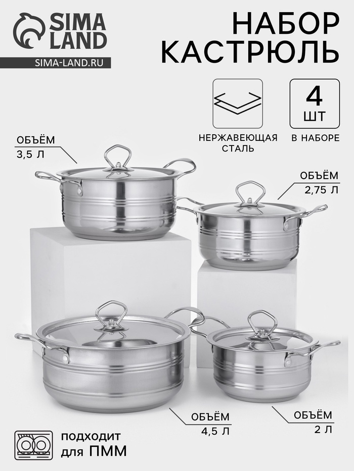 Набор кастрюль «Ясмин», 4 шт.: 2 л, 2.7 л, 3.5 л, 4.5 л, d=17/19/21/23 см, индукция, нержавеющая сталь - Фото 1