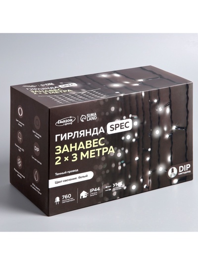 Гирлянда «Занавес» 2×3 м, IP44, УМС, тёмная нить, 760 LED, свечение белое, мерцание, 220 В