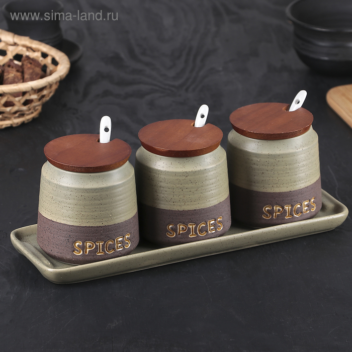 Набор банок керамических для сыпучих продуктов с ложками на подставке «Брутальный камень», 3 предмета - Фото 1