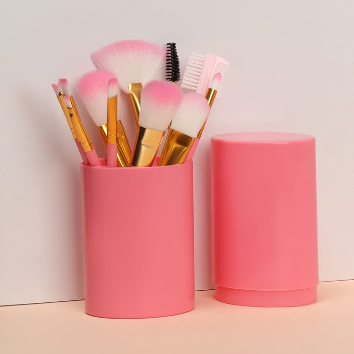 Набор кистей для макияжа, 12 предметов, футляр, цвет розовый - Фото 1