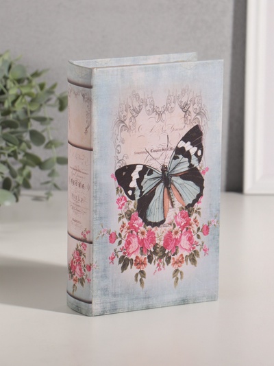 Шкатулка книга-сейф «Бабочки в цветах. Винтаж», дерево, искусственная кожа, 21×13×5 см