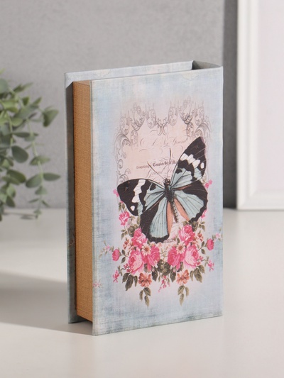 Шкатулка книга-сейф «Бабочки в цветах. Винтаж», дерево, искусственная кожа, 21×13×5 см