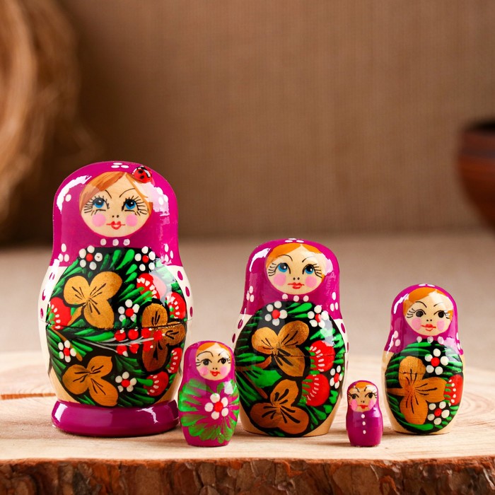 Матрёшка дерево «Божья коровка», фиолетовый платок, 5 кукольная, 9-11 см - Фото 1