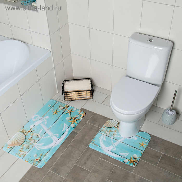Набор ковриков для ванной и туалета Доляна «Якорь», 2 шт: 40×45, 45×75 см - Фото 1