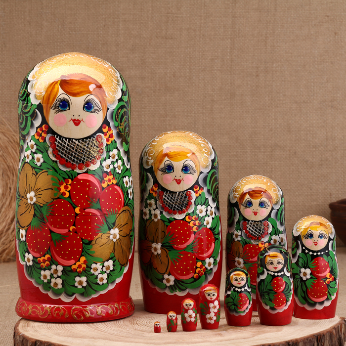 Матрёшка «Хохлома», красное  платье, 10 кукольная, 26 см - Фото 1