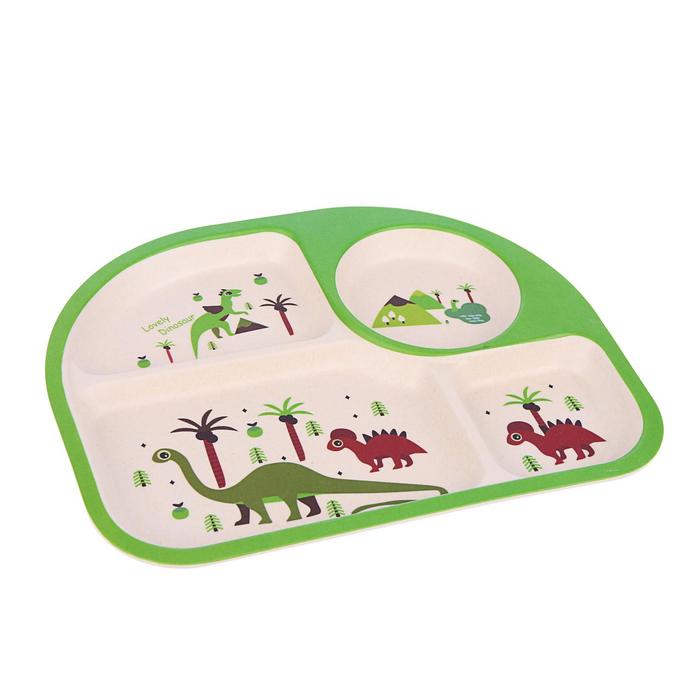 Набор детской посуды из бамбука «Динозаврики», 5 предметов: тарелка, миска, стакан, столовые приборы - фото 1906968894
